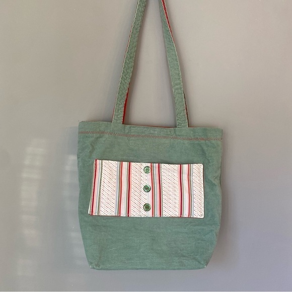 Vintage Handmade Sage Green & Poppy Red Corduroy Bag with Buttons - Picture 2 of 14